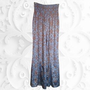 Free People Flowy Blue Satin Wide Leg Palazzos With Copper  Decoration